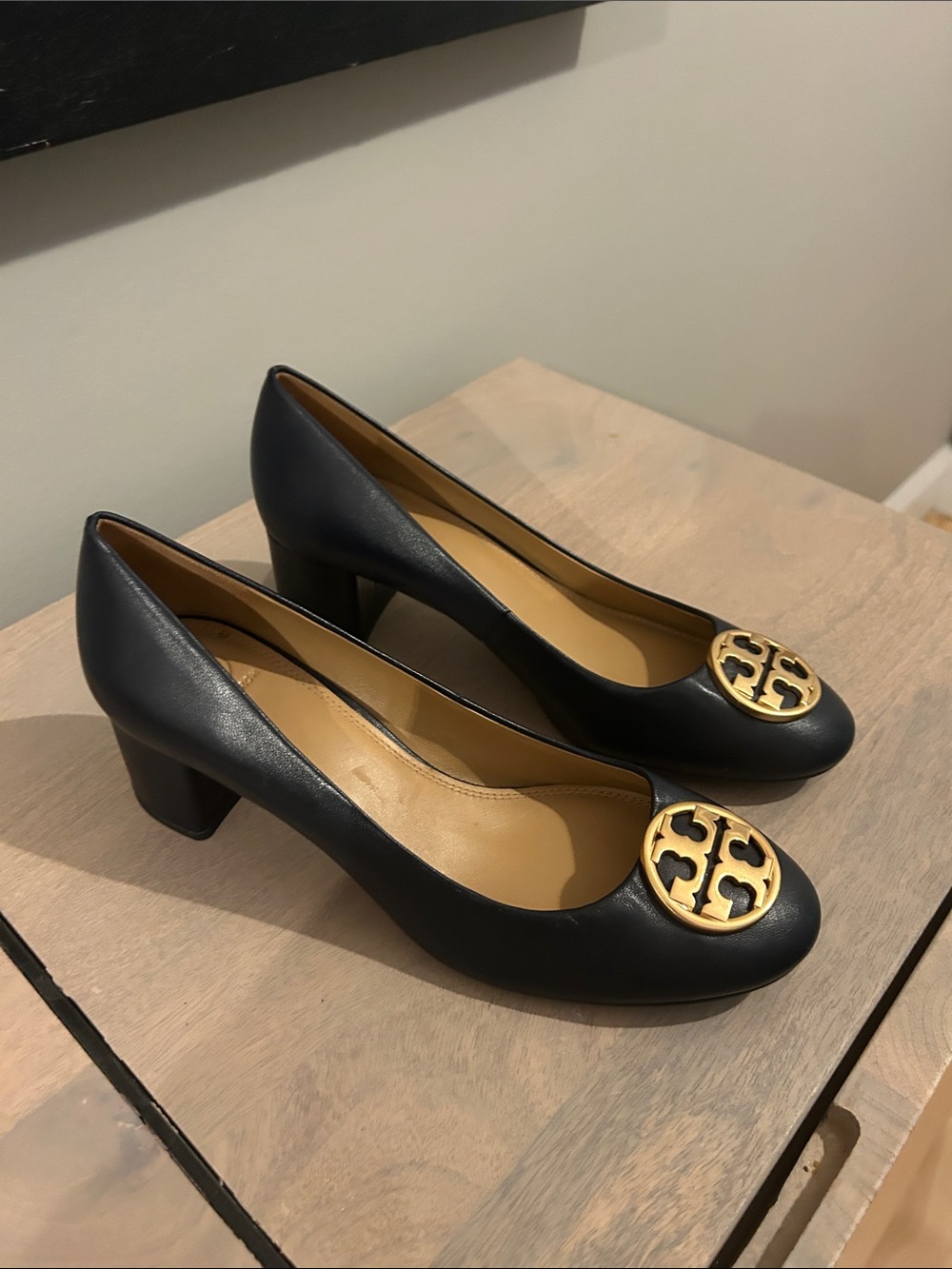 Tory Burch Navy Leather Block Heel Pumps with Gold Logo